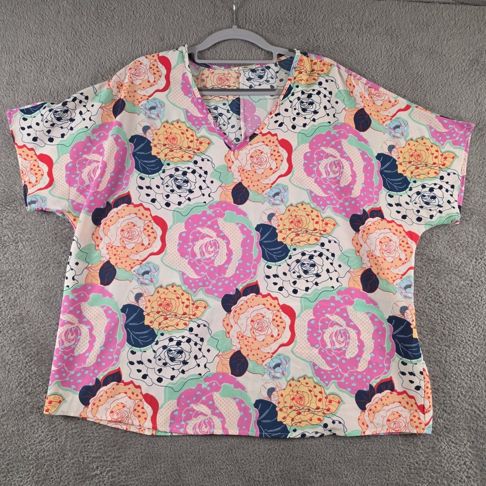Entro Womens Large Floral Print Short Sleeve Boxy Blouse Pink Yellow